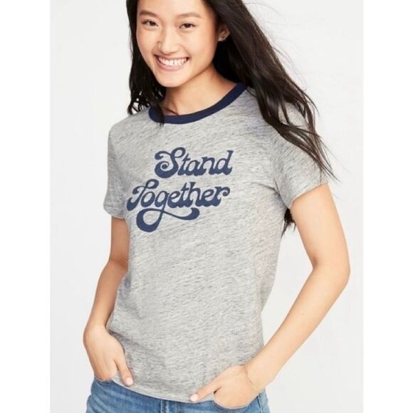 NWT Womens Old Navy Stand Together Ringer Heathered Graphic Tee Shirt - Sz L - Picture 1 of 3